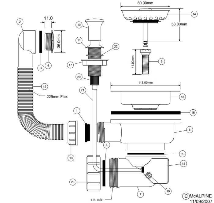 Spülenventil m. Bowdenzug und Überlauf Ø114mm, 6/4", Druck-Zug-Funktion